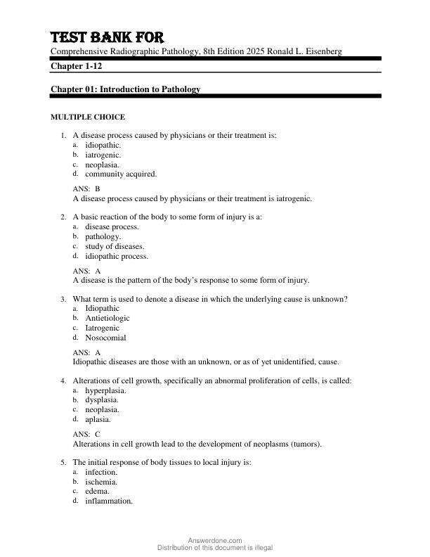 Test Bank For Comprehensive Radiographic Pathology, 8th Edition Copyright 2025 Ronald L. Eisenberg Chapter 1-12