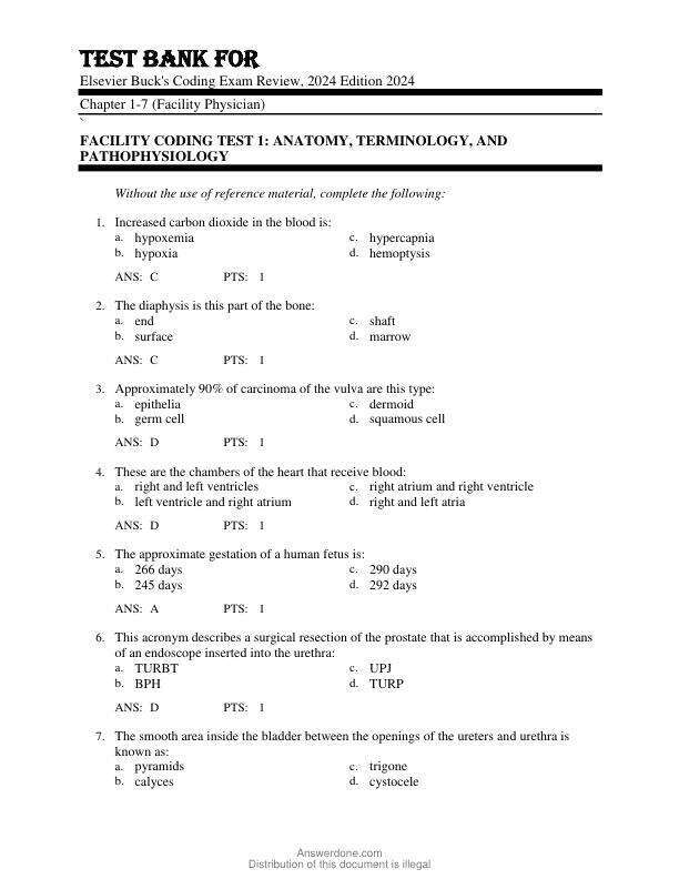 Test Bank For Elsevier Buck's Coding Exam Review, 2024 Edition Copyright 2024 Chapter 1-7 (Facility Physician)