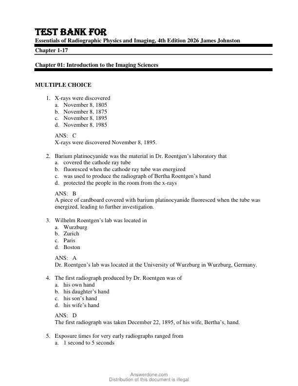 Test Bank For Essentials of Radiographic Physics and Imaging, 4th Edition James Johnston Copyright 2026 Chapter 1-17