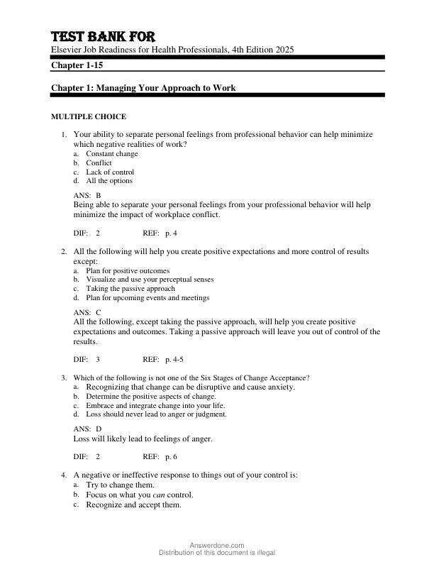 Test Bank For Elsevier Job Readiness for Health Professionals, 4th Edition  Copyright 2025 Chapter 1-15