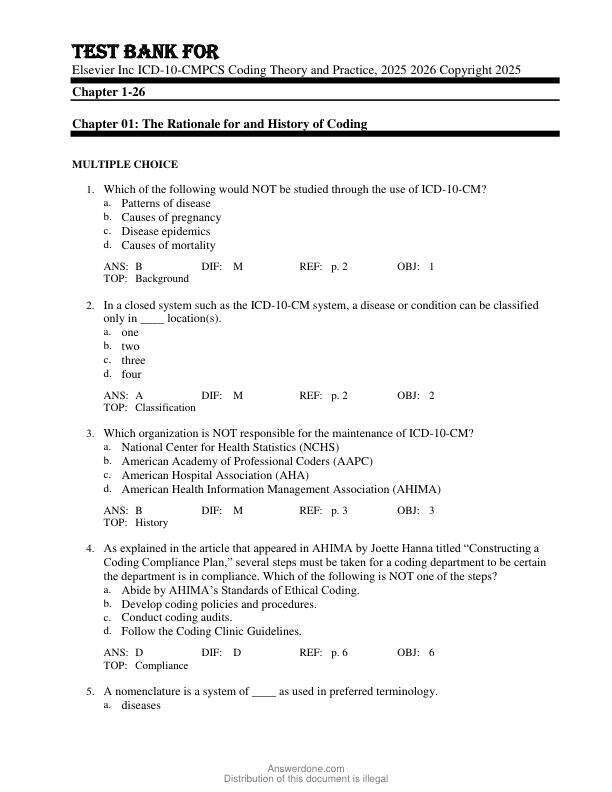 Test Bank For Elsevier Inc ICD-10-CMPCS Coding Theory and Practice, 2025 2026 Copyright 2025 Chapter 1-26