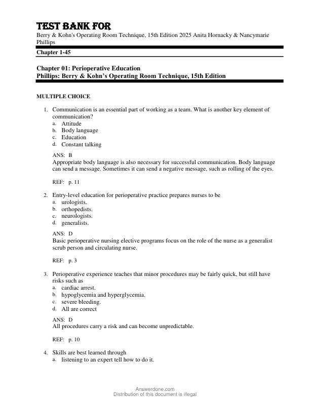 Test Bank For Berry & Kohn's Operating Room Technique, 15th Edition  Copyright 2025 Anita Hornacky & Nancymarie Phillips Chapter 1-45