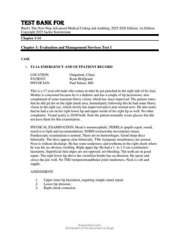 Test Bank For Buck's The Next Step Advanced Medical Coding and Auditing, 2025 2026 Edition, 1st Edition Copyright 2025 Jackie Koesterman Chapter 1-14