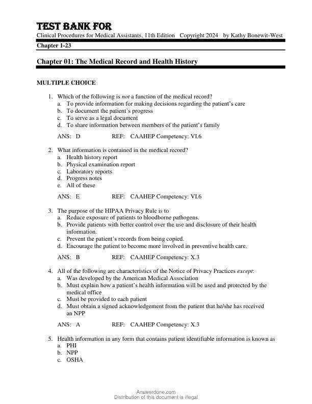 Test Bank For Clinical Procedures for Medical Assistants, 11th Edition  Copyright 2024  by Kathy Bonewit-West Chapter 1-23