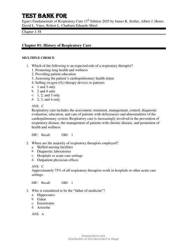 Test Bank For Egan's Fundamentals of Respiratory Care 13th Edition  Copyright 2025 by James K. Stoller, Albert J. Heuer,  David L. Vines, Robert L. Chatburn Eduardo Mirel Chapter 1-58