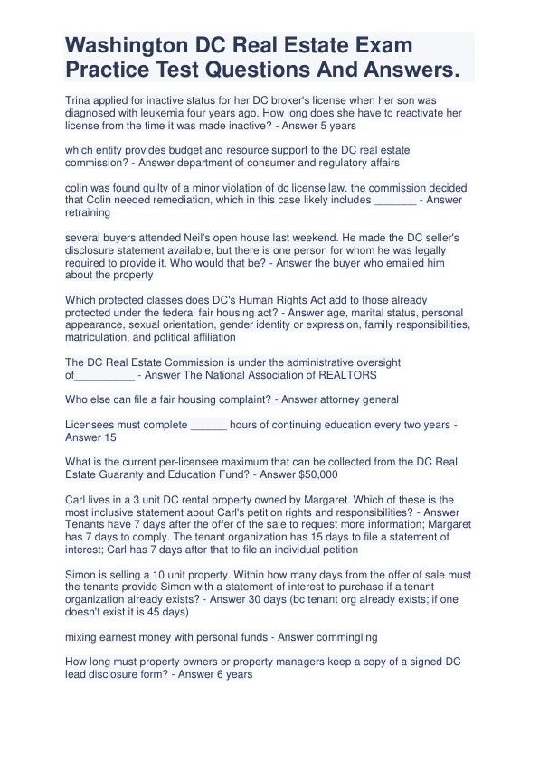 Washington DC Real Estate Exam  Practice Test Questions And Answers.