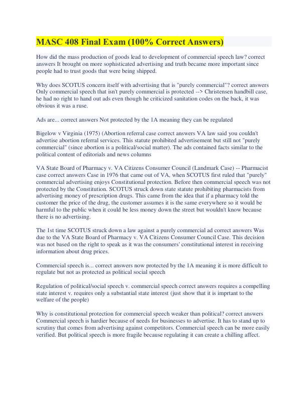 MASC 408 Final Exam (100% Correct Answers)