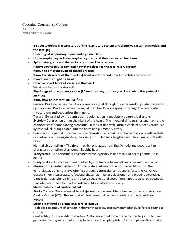 Coconino Community College Bio 202 Final Exam Review