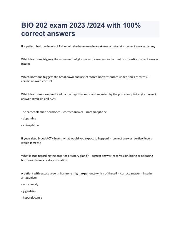 BIO 202 exam 2023 /2024 with 100%  correct answers