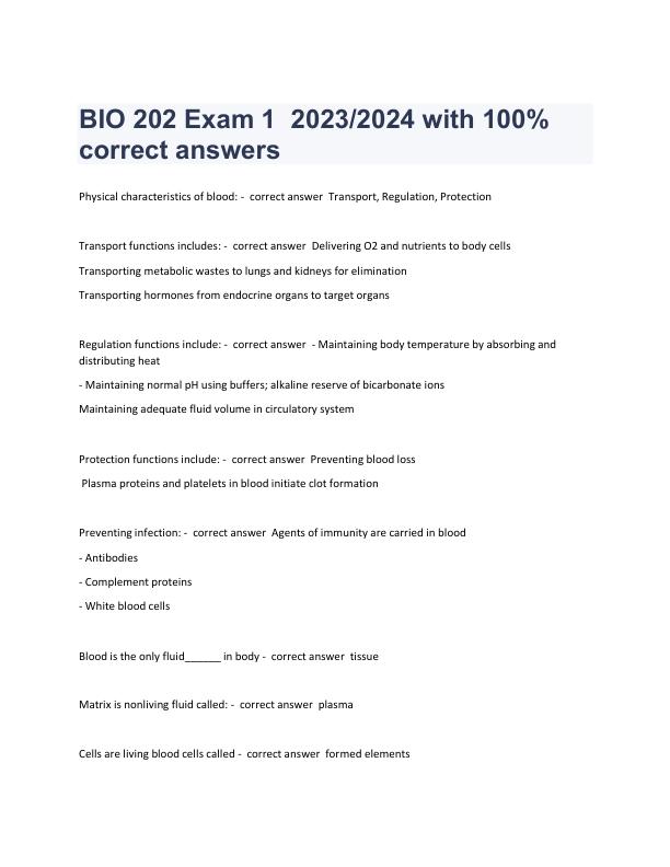 BIO 202 Exam 1 2023/2024 with 100%  correct answers