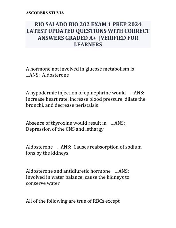 RIO SALADO BIO 202 EXAM 1 PREP 2024  LATEST UPDATED QUESTIONS WITH CORRECT  ANSWERS GRADED A+ |VERIFIED FOR  LEARNERS