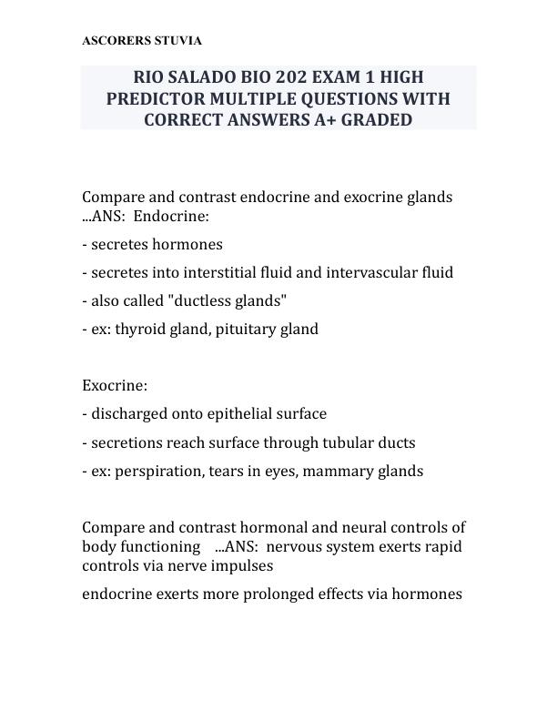 RIO SALADO BIO 202 EXAM 1 HIGH  PREDICTOR MULTIPLE QUESTIONS WITH  CORRECT ANSWERS A+ GRADED