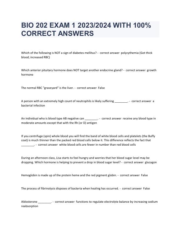 BIO 202 EXAM 1 2023/2024 WITH 100%  CORRECT ANSWERS