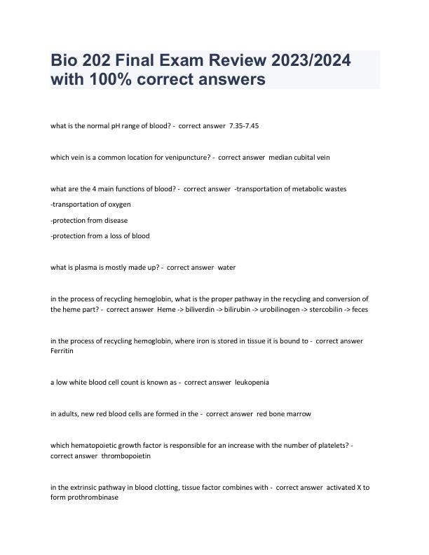Bio 202 Final Exam Review 2023/2024  with 100% correct answers