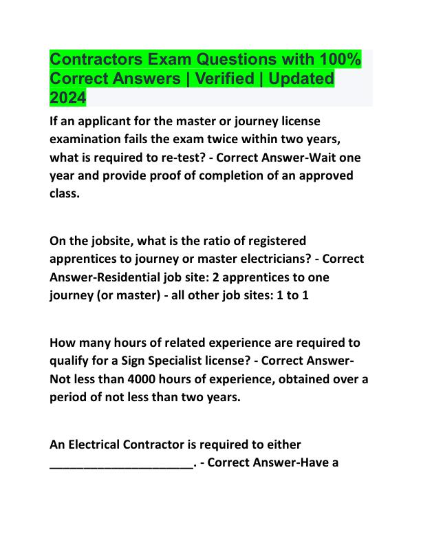 Contractors Exam Questions with 100%  Correct Answers | Verified | Updated  2024