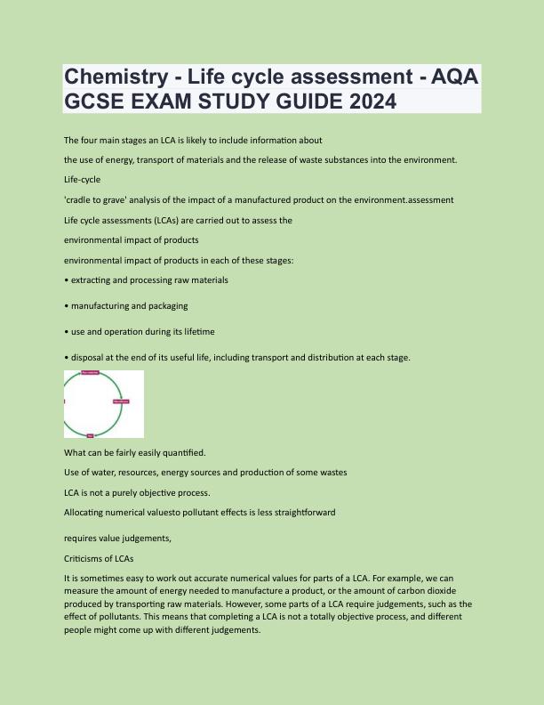 Chemistry - Life cycle assessment - AQA  GCSE EXAM STUDY GUIDE 2024