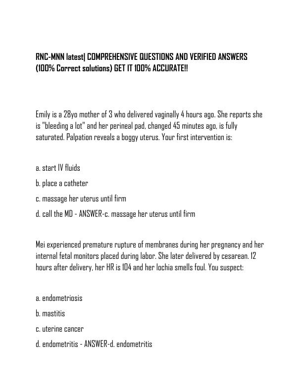 RNC-MNN latest COMPREHENSIVE QUESTIONS AND VERIFIED ANSWERS (100% Correct solutions) GET IT 100% ACCURATE!!