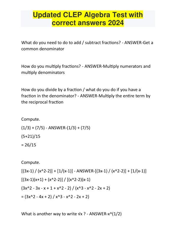 Updated CLEP Algebra Test with  correct answers 2024