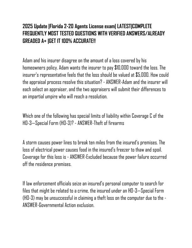 2025 Update Florida 2-20 Agents License exam LATEST COMPLETE FREQUENTLY MOST TESTED QUESTIONS WITH VERIFIED ANSWERS ALREADY GREADED A+ GET IT 100% ACCURATE!!