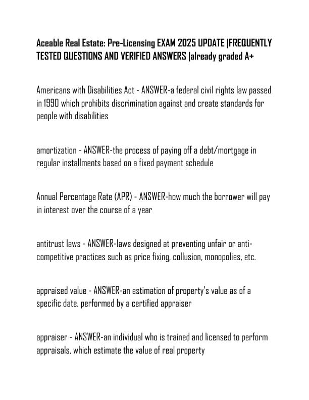 Aceable Real Estate Pre-Licensing EXAM 2025 UPDATE FREQUENTLY TESTED QUESTIONS AND VERIFIED ANSWERS already graded A+