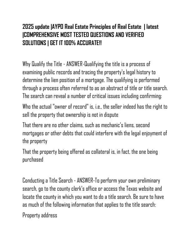 2025 update AYPO Real Estate Principles of Real Estate   latest COMPREHENSIVE MOST TESTED QUESTIONS AND VERIFIED SOLUTIONS  GET IT 100% ACCURATE!!