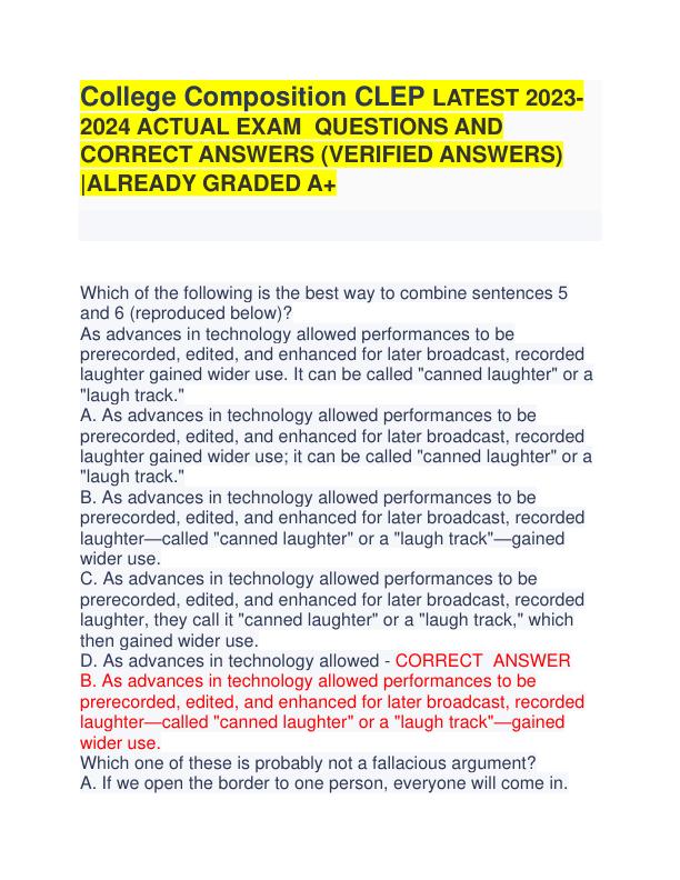 College Composition CLEP LATEST 2023- 2024 ACTUAL EXAM QUESTIONS AND  CORRECT ANSWERS (VERIFIED ANSWERS)  |ALREADY GRADED A+