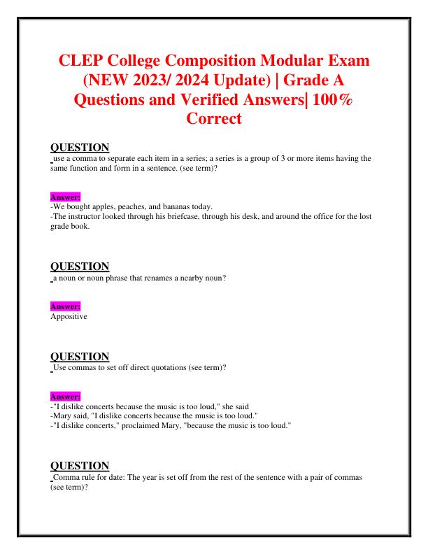 CLEP College Composition Modular Exam (NEW 2023/ 2024 Update) | Grade A Questions and Verified Answers| 100%  Correct