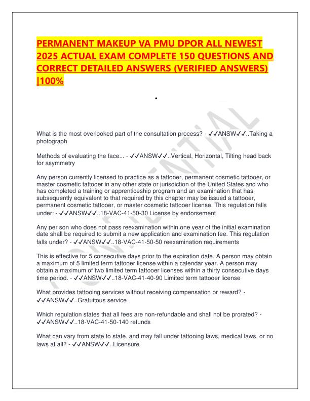 PERMANENT MAKEUP VA PMU DPOR ALL NEWEST 2025 ACTUAL EXAM COMPLETE 150 QUESTIONS AND CORRECT DETAILED ANSWERS