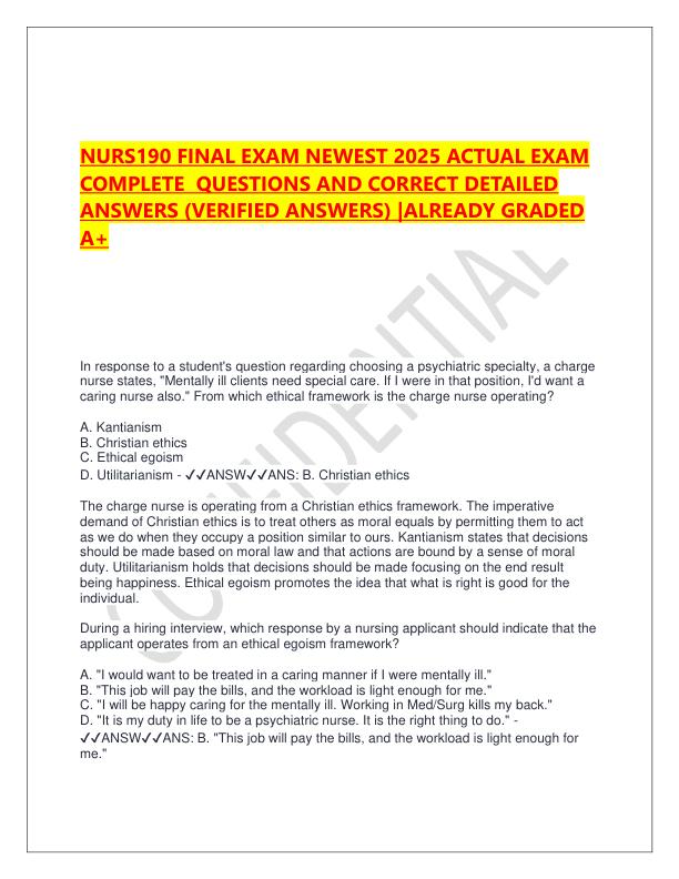NURS190 FINAL EXAM NEWEST 2025 ACTUAL EXAM COMPLETE  QUESTIONS AND CORRECT DETAILED ANSWERS