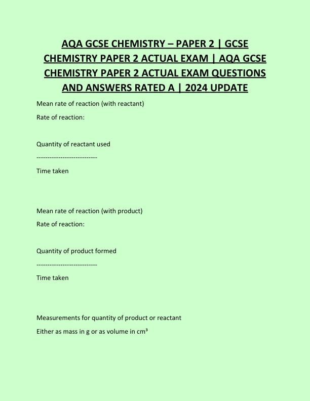 AQA GCSE CHEMISTRY – PAPER 2 | GCSE  CHEMISTRY PAPER 2 ACTUAL EXAM | AQA GCSE CHEMISTRY PAPER 2 ACTUAL EXAM QUESTIONS  AND ANSWERS RATED A | 2024 UPDATE