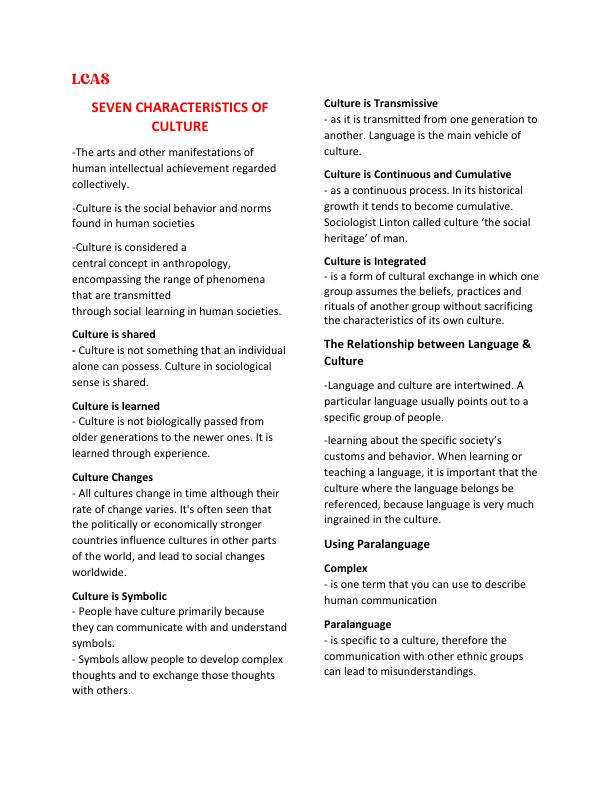 LCAS SEVEN CHARACTERISTICS OF  CULTURE