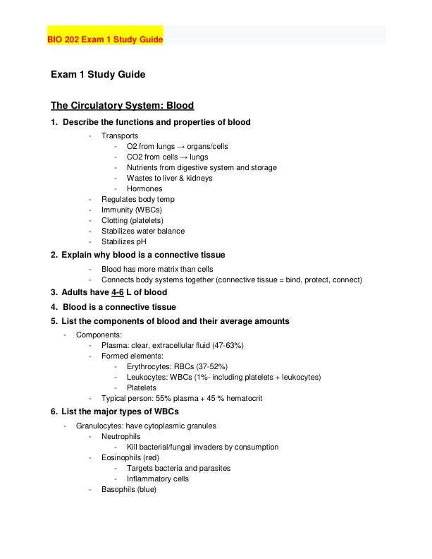 BIO 202 Exam 1 Study Guide Exam 1 Study Guide The Circulatory System: Blood