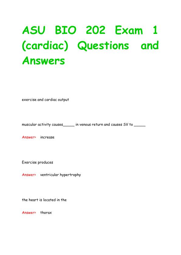ASU BIO 202 Exam 1  (cardiac) Questions and  Answers