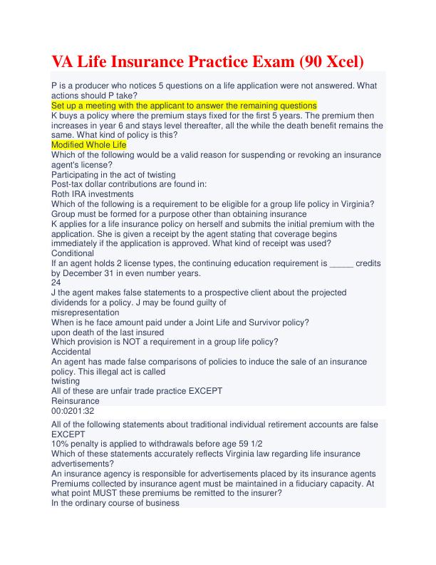 VA Life Insurance Practice Exam (90 Xcel)