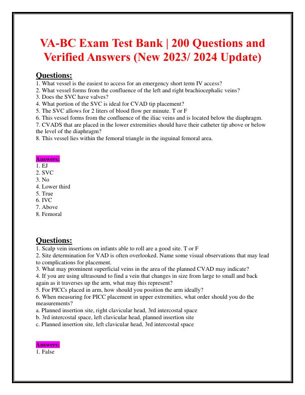 VA-BC Exam Test Bank | 200 Questions and  Verified Answers (New 2023/ 2024 Update)