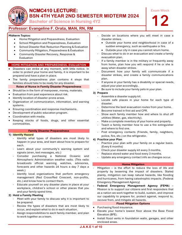 NCMC410 LECTURE:  BSN 4TH YEAR 2ND SEMESTER MIDTERM 2024  Bachelor of Science in Nursing 4Y2