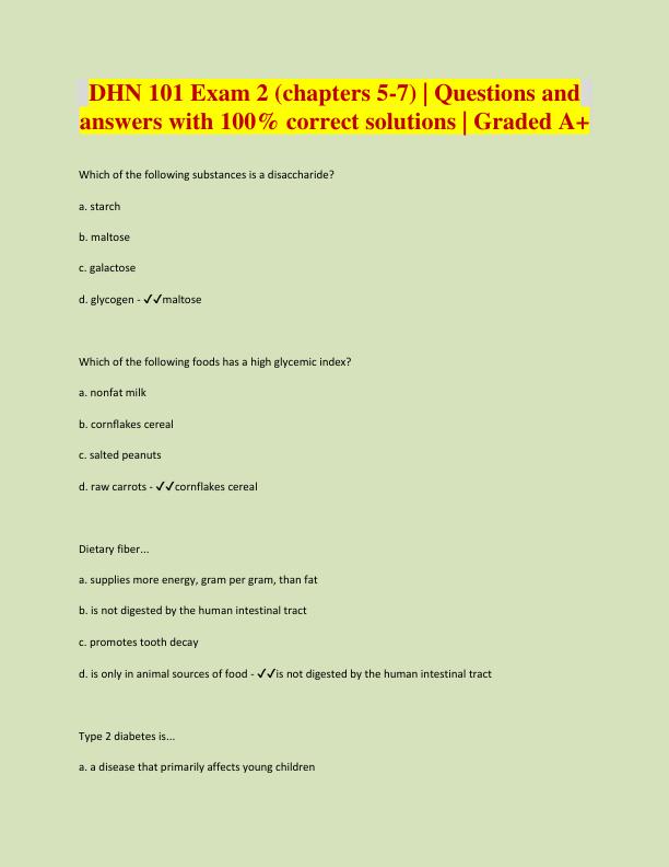 DHN 101 Exam 2 (chapters 5-7) | Questions and  answers with 100% correct solutions | Graded A+