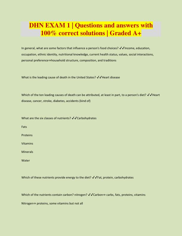 DHN EXAM 1 | Questions and answers with 100% correct solutions | Graded A+