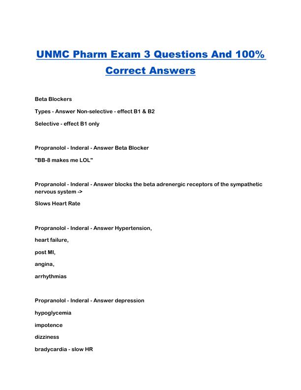 UNMC Pharm Exam 3 Questions And 100%  Correct Answers