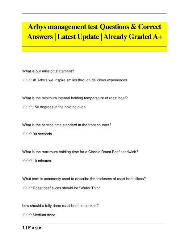Arbys management test Questions & Correct  Answers | Latest Update |Already Graded A+