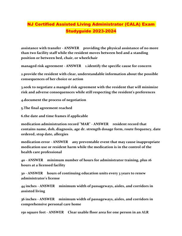 NJ Certified Assisted Living Administrator (CALA) Exam  Studyguide 2023-2024