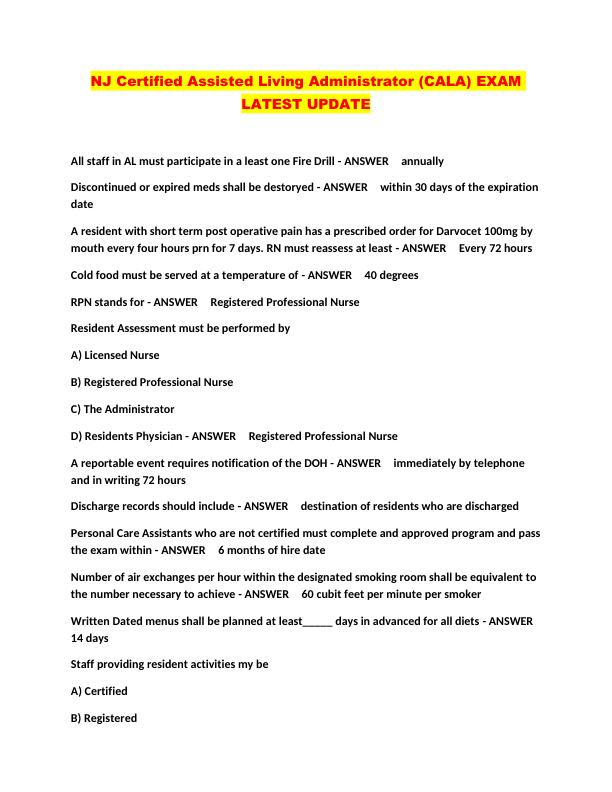 NJ Certified Assisted Living Administrator (CALA) EXAM  LATEST UPDATE
