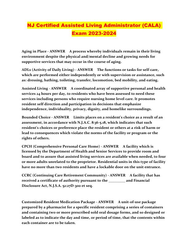 NJ Certified Assisted Living Administrator (CALA)  Exam 2023-2024 