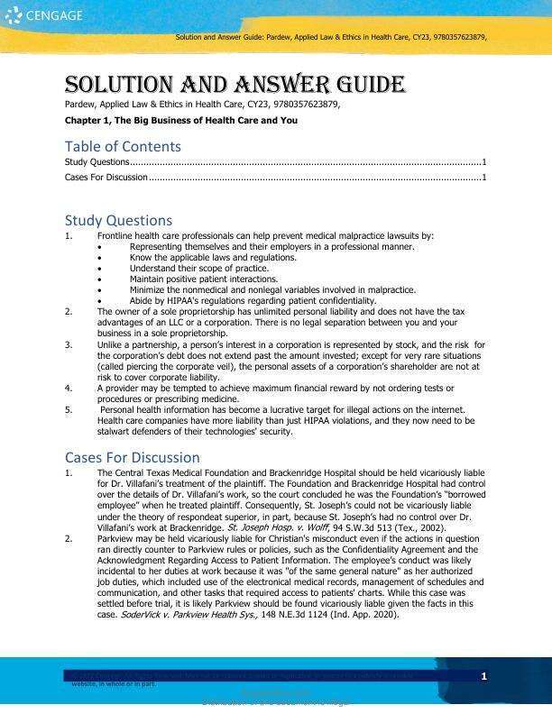 Solution Manual For Applied Law and Ethics in Health Care, 1st Edition by Wendy Mia Pardew Chapter 1-12