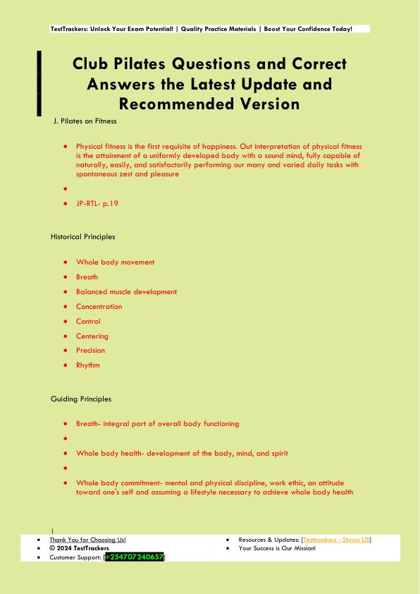 Club Pilates Questions and Correct  Answers the Latest Update and  Recommended Version