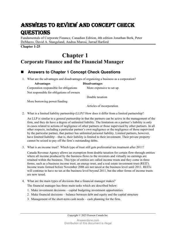 Answers to Review and Concept Check Questions  Fundamentals of Corporate Finance, Canadian Edition, 4th Edition by Jonathan Berk, Peter DeMarzo, David A. Stangeland, Andras Marosi, Jarrad Harford