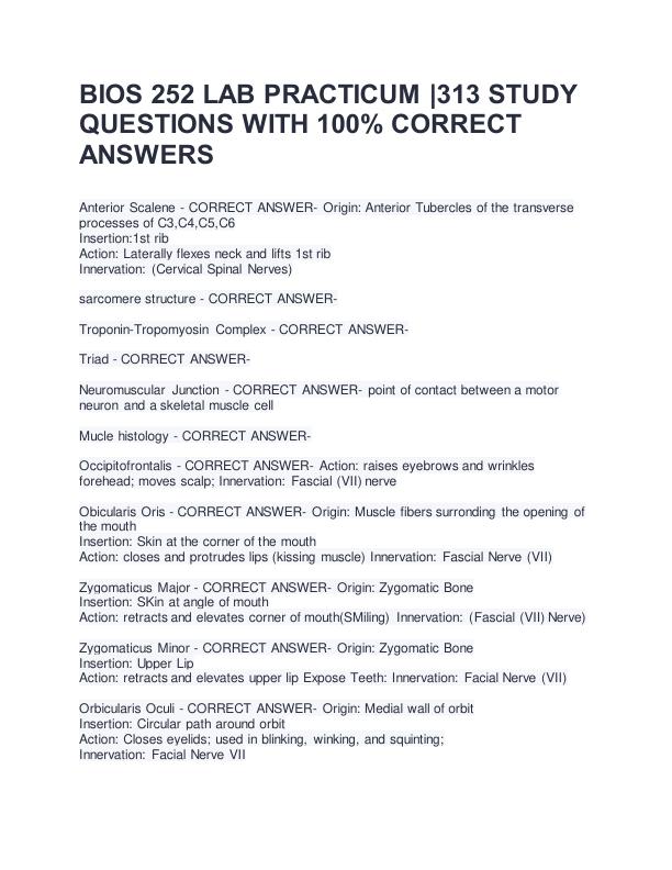 BIOS 252 LAB PRACTICUM |313 STUDY  QUESTIONS WITH 100% CORRECT  ANSWERS