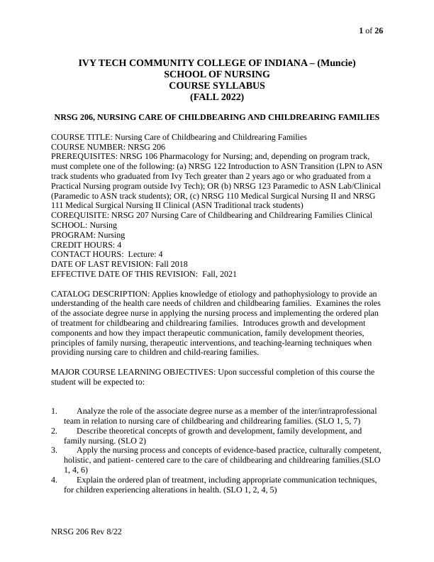 IVY TECH COMMUNITY COLLEGE OF INDIANA – (Muncie) SCHOOL OF NURSING COURSE SYLLABUS (FALL 2022) NRSG 206, NURSING CARE OF CHILDBEARING AND CHILDREARING FAMILIES