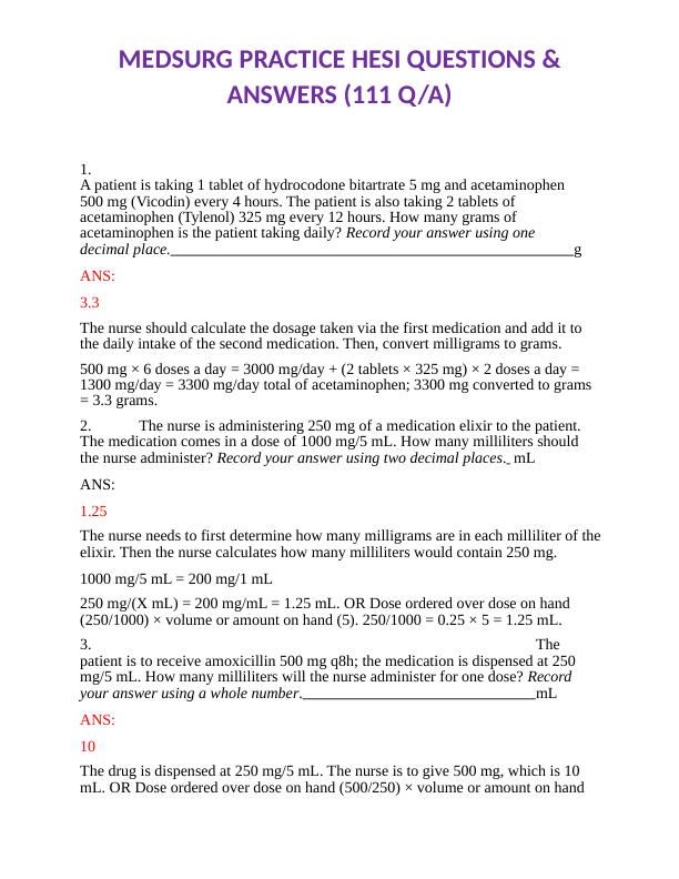 MEDSURG PRACTICE HESI QUESTIONS & ANSWERS (111 Q/A)