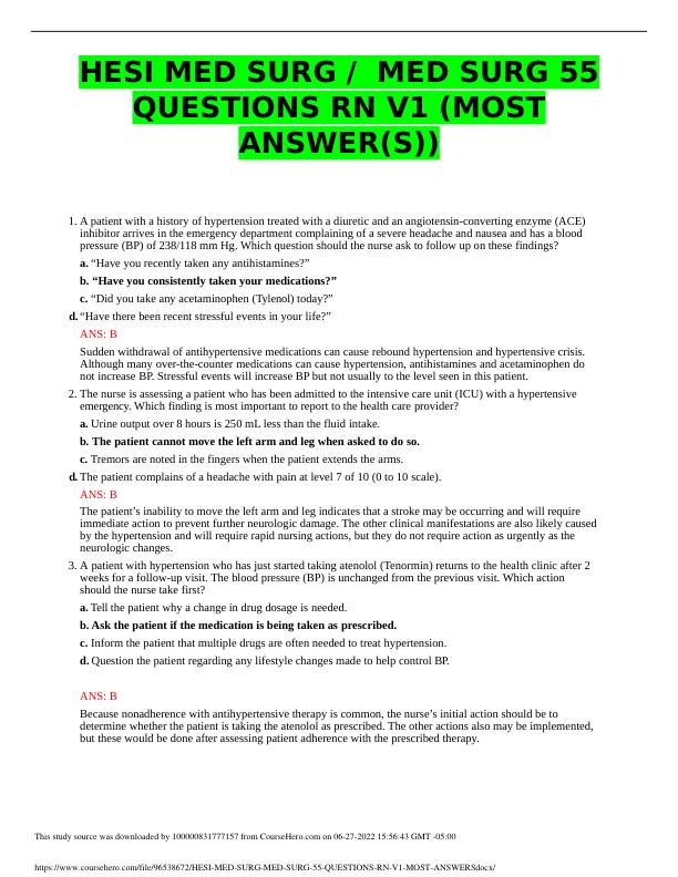 HESI MED SURG / MED SURG 55 QUESTIONS RN V1 (MOST ANSWER(S))